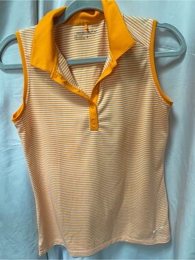 Nike Women’s Sleeveless Striped Polo in Bright Orange and White Dri Fit